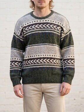 GANT Crewneck Fisherman Sweater Olive & Cream Patterned Wool Blend Men's Large